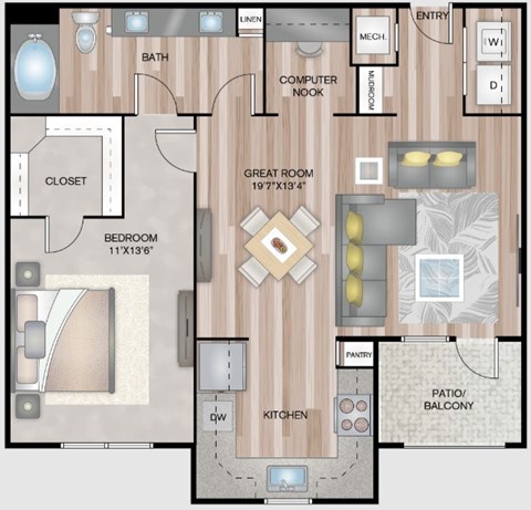 A floor plan of a house with a bath, closet, bedroom, kitchen, pantry, and great room.